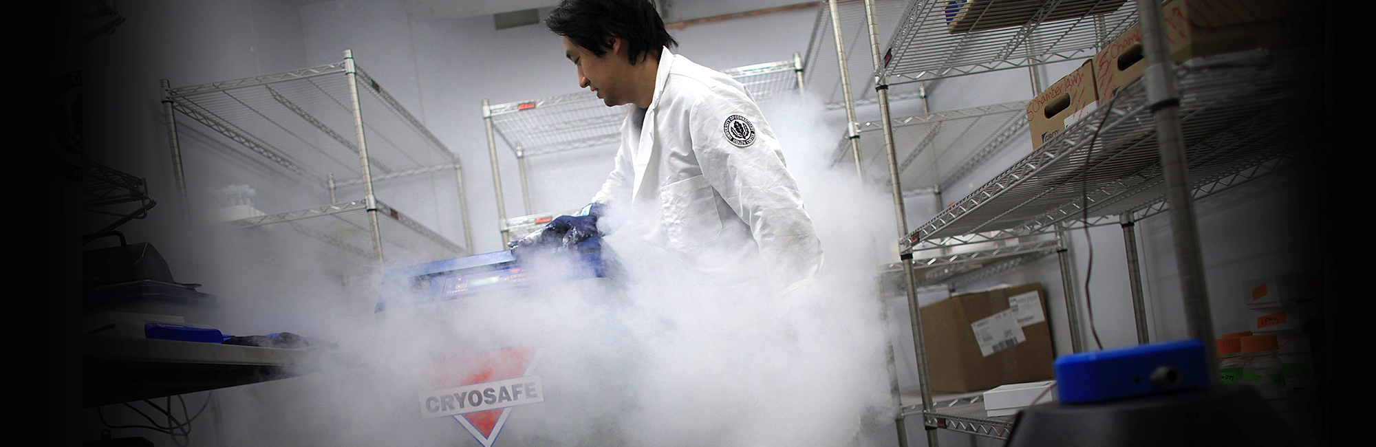Senior postdoctoral fellow Xiaofang Wang pulls out frozen stem cells in a lab at the University of Connecticut`s (UConn) Stem Cell Institute at the UConn Health Center