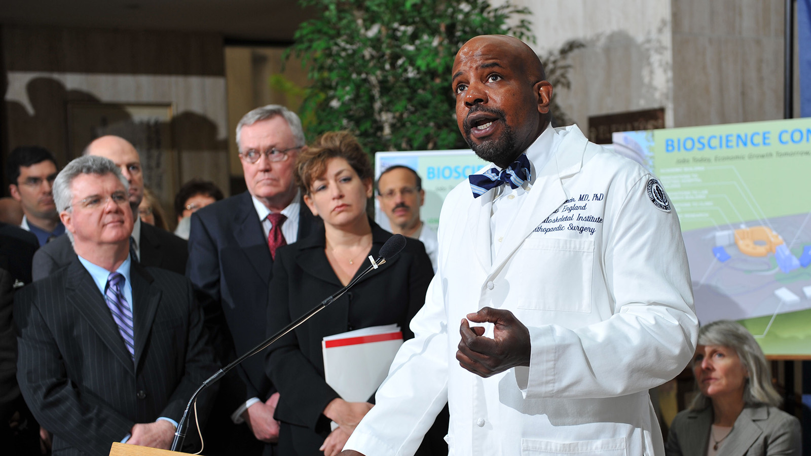 Cato Laurencin, dean of the school of medicine, speaks at a press conference held at the UConn Health Center to announce Bioscience Connecticut on May 17, 2011. (Peter Morenus/UConn Photo)